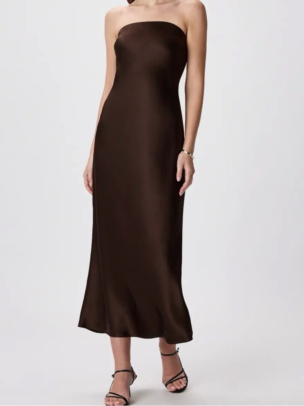 Quince Chocolate Brown Strapless Satin Midi Dress